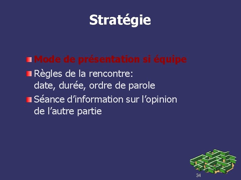 Stratégie Mode de présentation si équipe Règles de la rencontre: date, durée, ordre de
