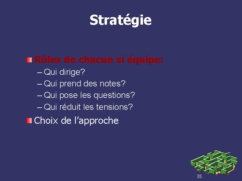 Stratégie Rôles de chacun si équipe: – Qui dirige? – Qui prend des notes?
