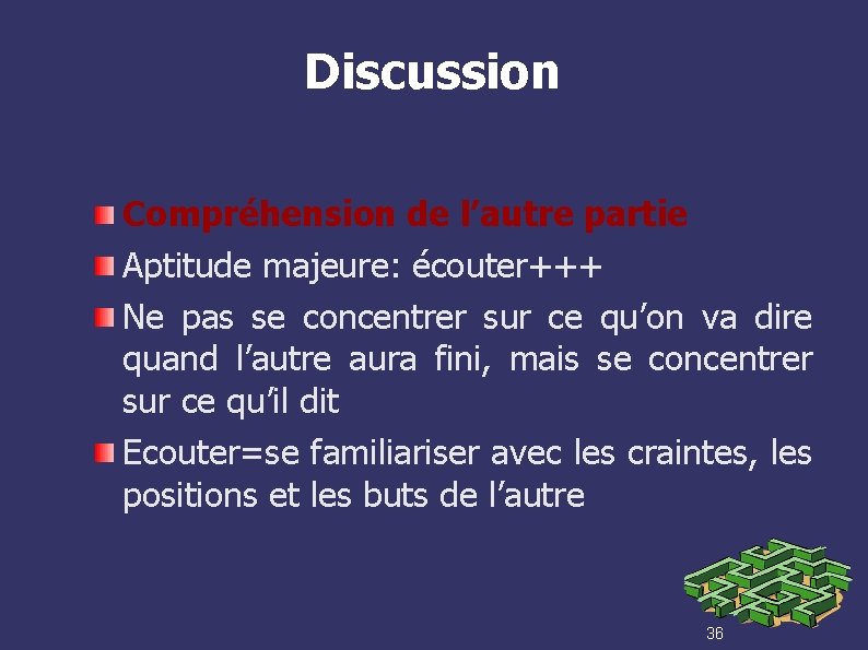 Discussion Compréhension de l’autre partie Aptitude majeure: écouter+++ Ne pas se concentrer sur ce