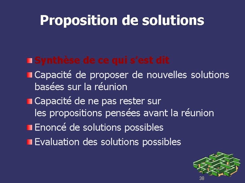Proposition de solutions Synthèse de ce qui s’est dit Capacité de proposer de nouvelles