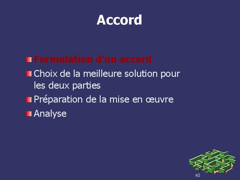 Accord Formulation d’un accord Choix de la meilleure solution pour les deux parties Préparation