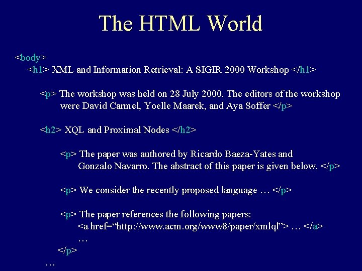 The HTML World <body> <h 1> XML and Information Retrieval: A SIGIR 2000 Workshop