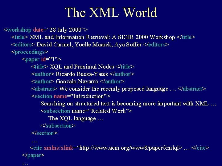 The XML World <workshop date=” 28 July 2000”> <title> XML and Information Retrieval: A