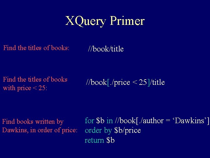XQuery Primer Find the titles of books: //book/title Find the titles of books with