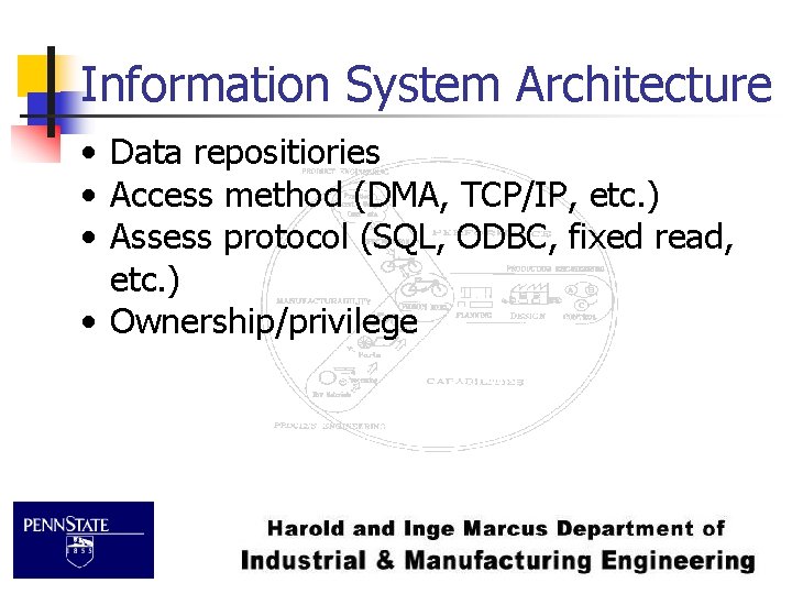 Information System Architecture • Data repositiories • Access method (DMA, TCP/IP, etc. ) •