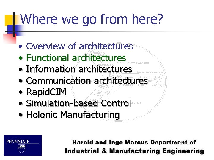 Where we go from here? • • Overview of architectures Functional architectures Information architectures