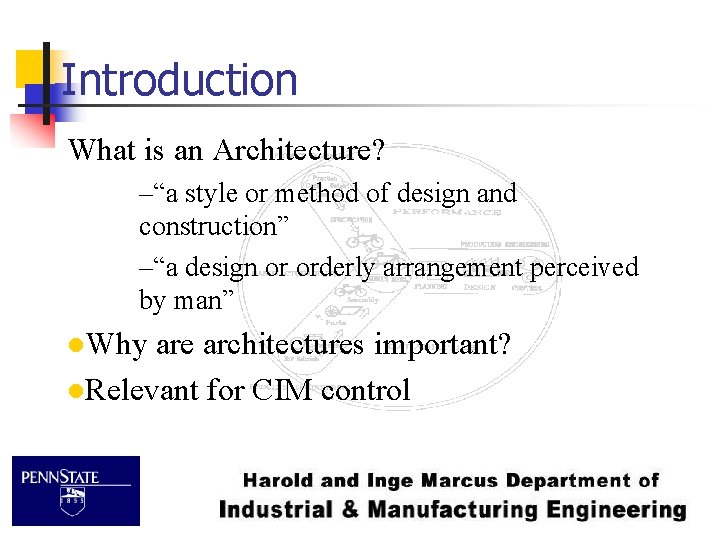 Introduction What is an Architecture? –“a style or method of design and construction” –“a