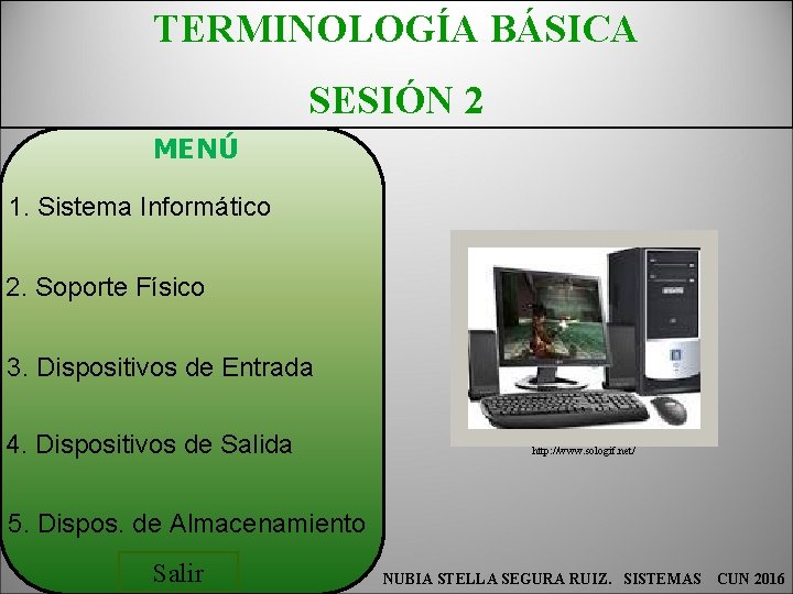 TERMINOLOGÍA BÁSICA SESIÓN 2 MENÚ 1. Sistema Informático 2. Soporte Físico 3. Dispositivos de