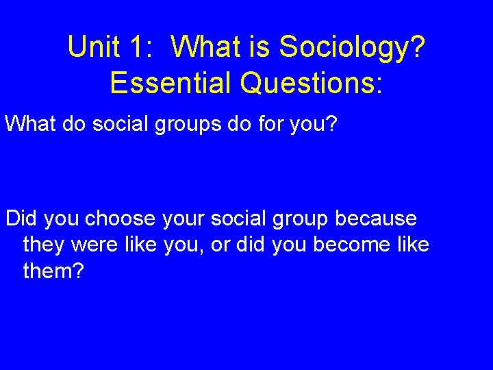 Unit 1: What is Sociology? Essential Questions: What do social groups do for you?