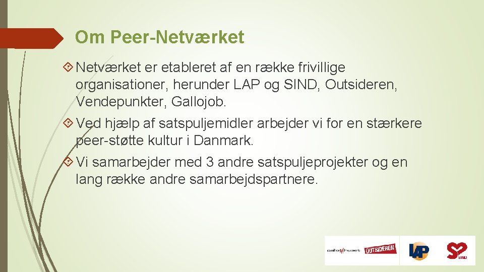 Om Peer-Netværket er etableret af en række frivillige organisationer, herunder LAP og SIND, Outsideren,