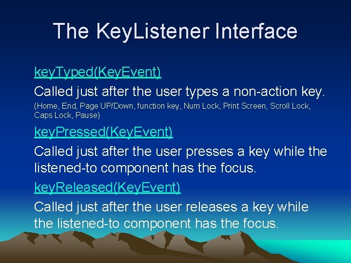 The Key. Listener Interface key. Typed(Key. Event) Called just after the user types a