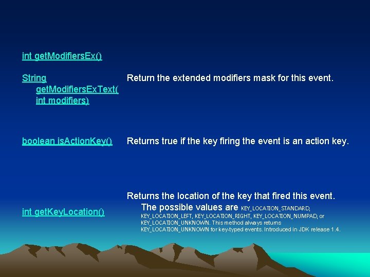 int get. Modifiers. Ex() String Return the extended modifiers mask for this event. get.