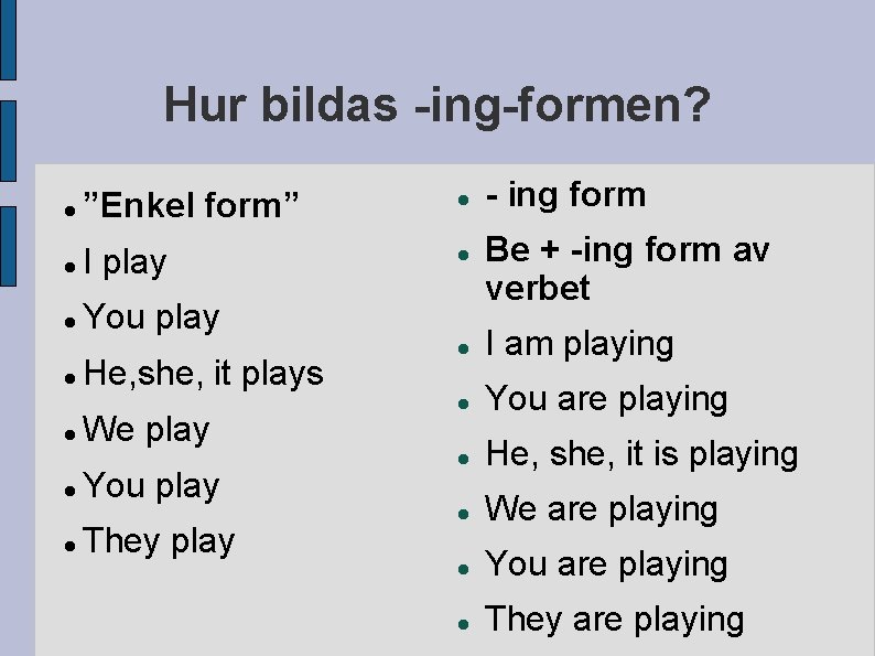 Hur bildas -ing-formen? ”Enkel form” I play You play He, she, it plays We