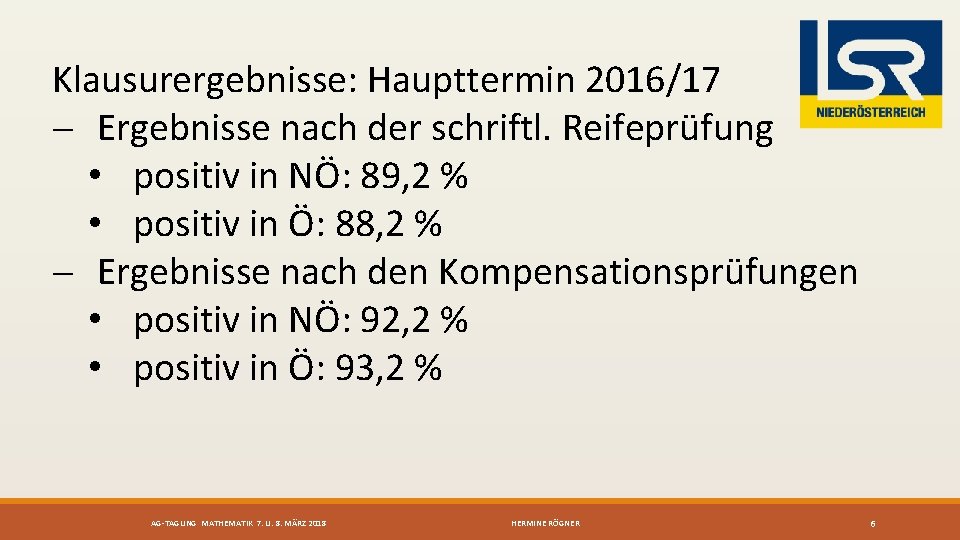 Klausurergebnisse: Haupttermin 2016/17 - Ergebnisse nach der schriftl. Reifeprüfung • positiv in NÖ: 89,
