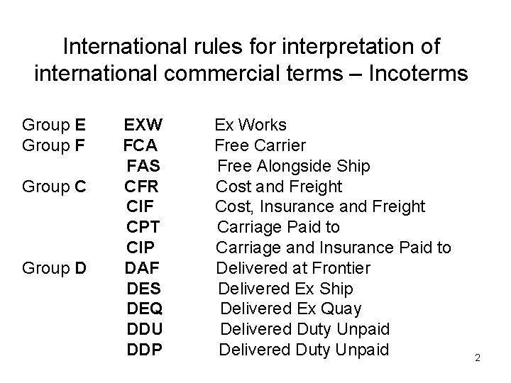 International rules for interpretation of international commercial terms – Incoterms Group E Group F