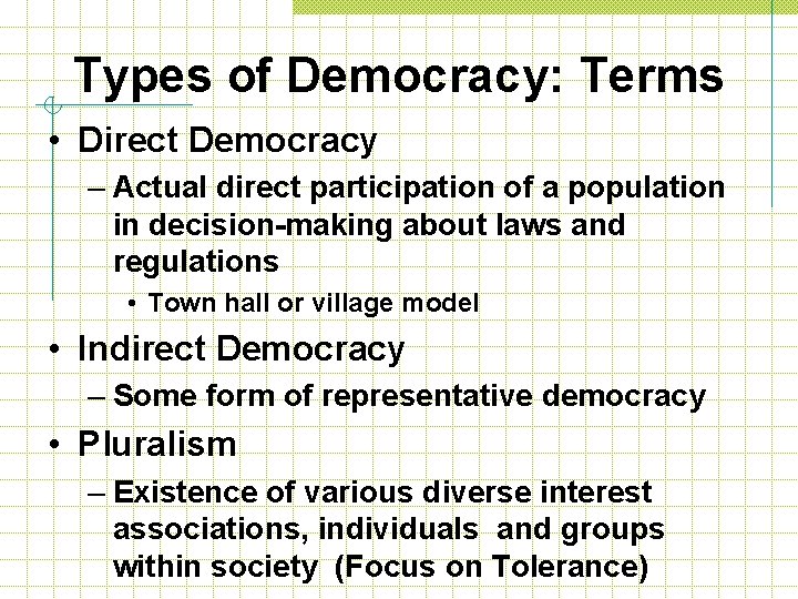 Types of Democracy: Terms • Direct Democracy – Actual direct participation of a population