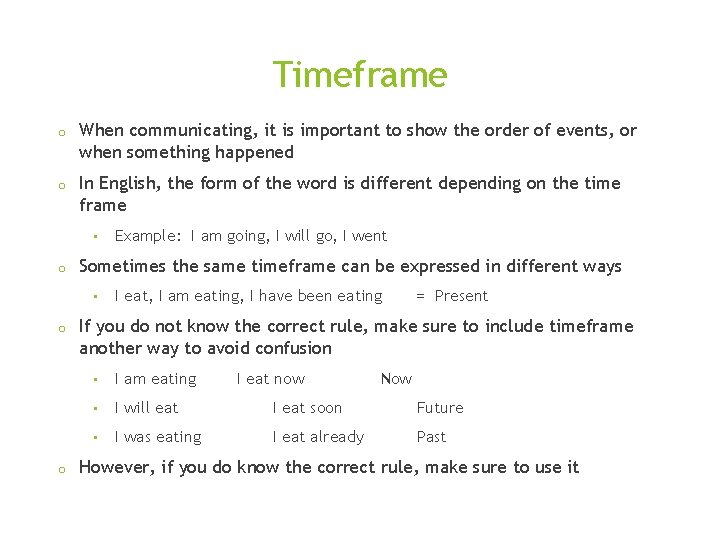 Timeframe o When communicating, it is important to show the order of events, or