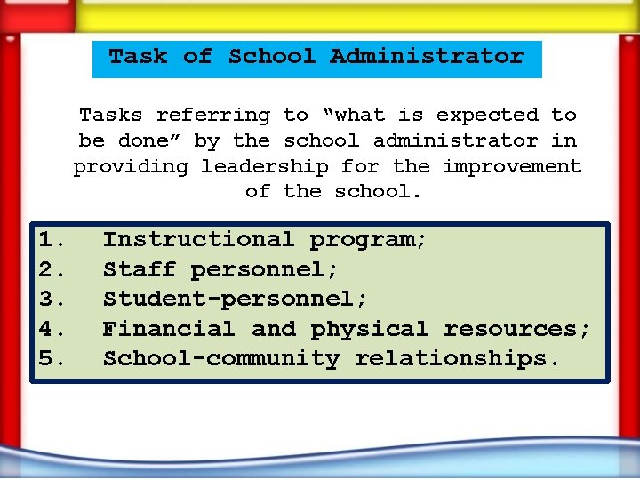 Task of School Administrator Tasks referring to “what is expected to be done” by