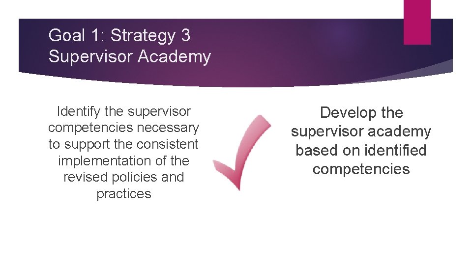 Goal 1: Strategy 3 Supervisor Academy Identify the supervisor competencies necessary to support the