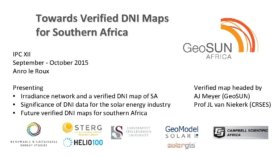 Towards Verified DNI Maps for Southern Africa IPC XII September - October 2015 Anro