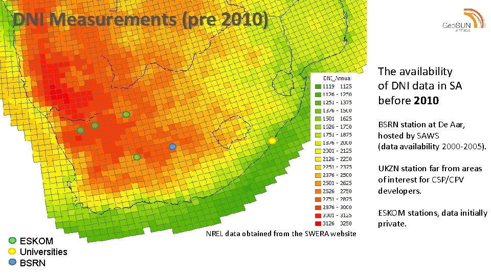 DNI Measurements (pre 2010) The availability of DNI data in SA before 2010 BSRN