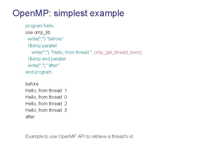 Open. MP: simplest example program hello use omp_lib write(*, *) "before" !$omp parallel write(*,