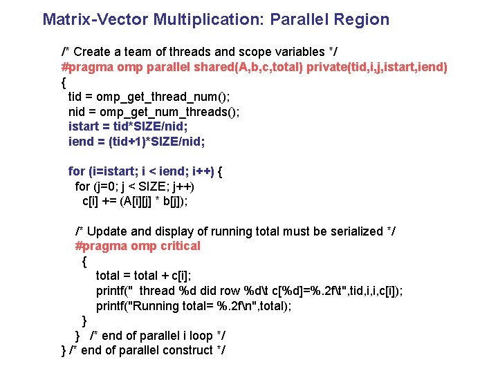 Matrix-Vector Multiplication: Parallel Region /* Create a team of threads and scope variables */