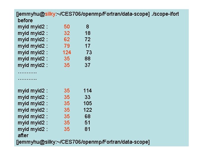 [jemmyhu@silky: ~/CES 706/openmp/Fortran/data-scope]. /scope-ifort before myid 2 : 50 8 myid 2 : 32