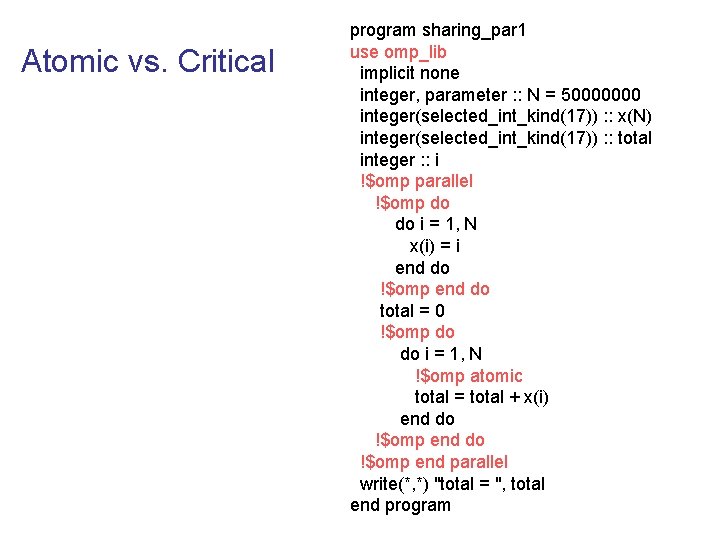 Atomic vs. Critical program sharing_par 1 use omp_lib implicit none integer, parameter : :