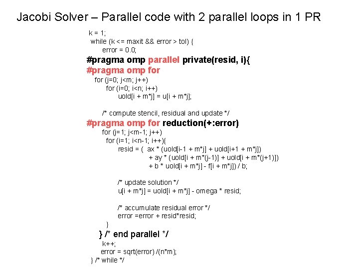 Jacobi Solver – Parallel code with 2 parallel loops in 1 PR k =