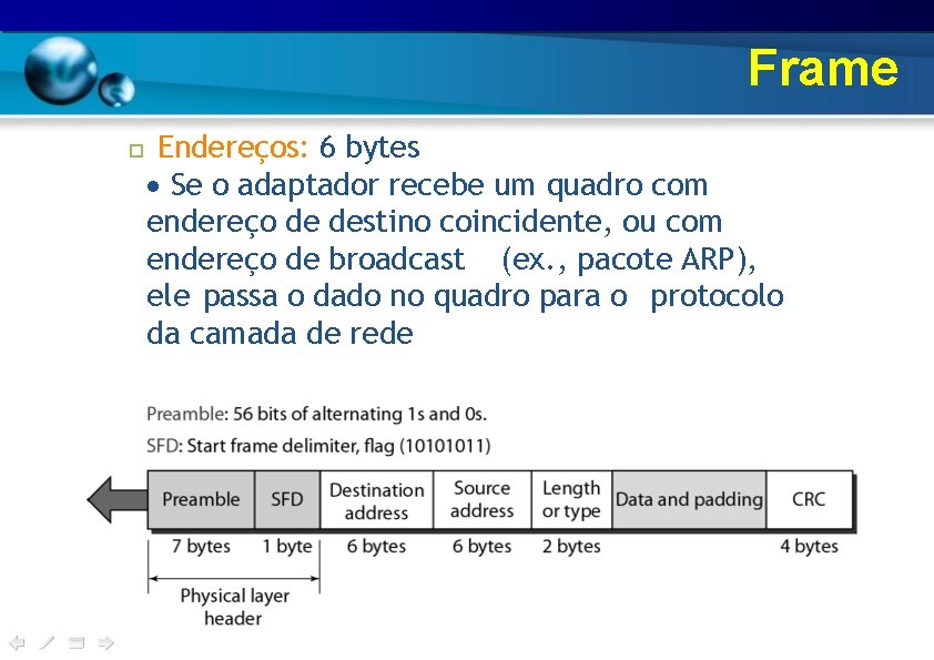 Frame □ Endereços: 6 bytes Se o adaptador recebe um quadro com endereço de