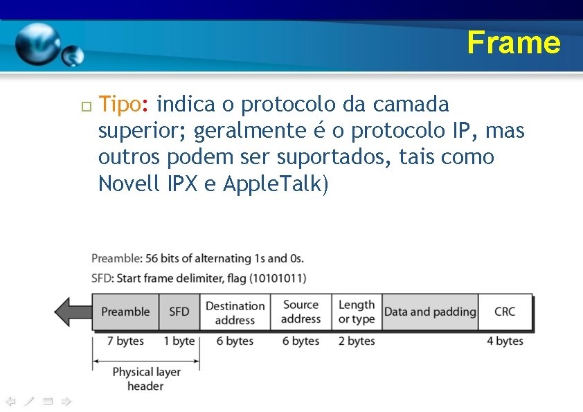 Frame □ Tipo: indica o protocolo da camada superior; geralmente é o protocolo IP,