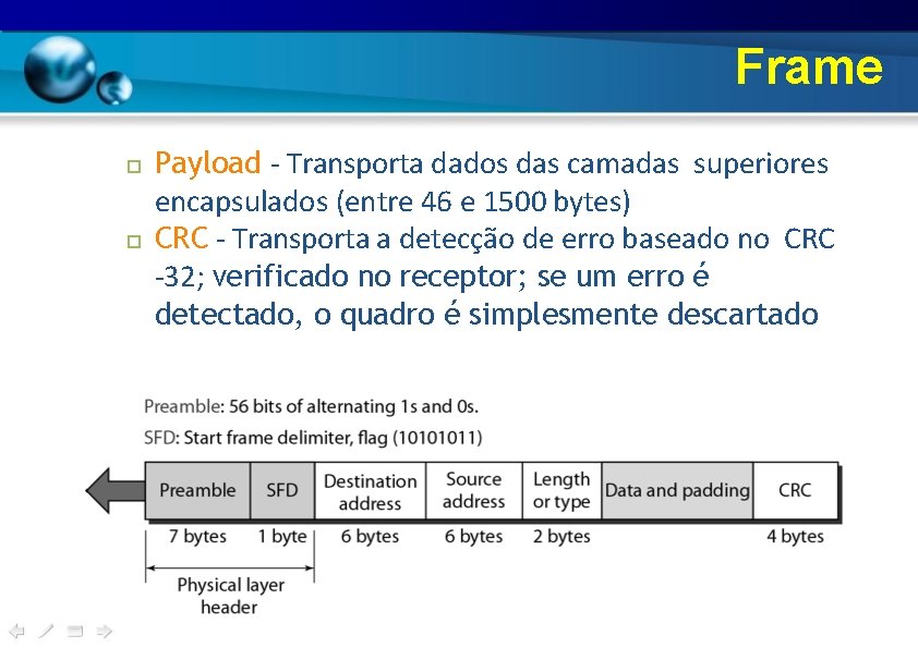 Frame □ Payload - Transporta dados das camadas superiores encapsulados (entre 46 e 1500