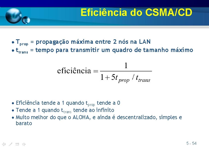 Eficiência do CSMA/CD Tprop = propagação máxima entre 2 nós na LAN ttrans = Eficiência do CSMA/CD Tprop = propagação máxima entre 2 nós na LAN ttrans =
