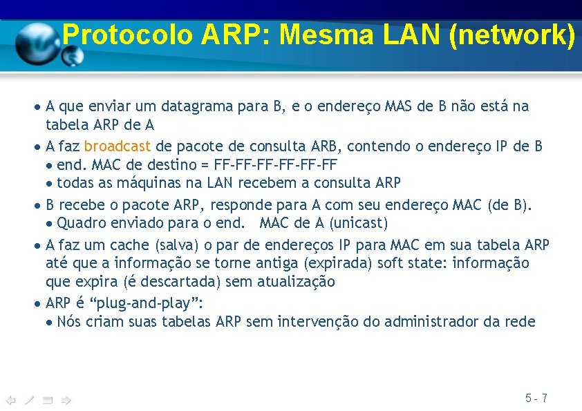 Protocolo ARP: Mesma LAN (network) A que enviar um datagrama para B, e o