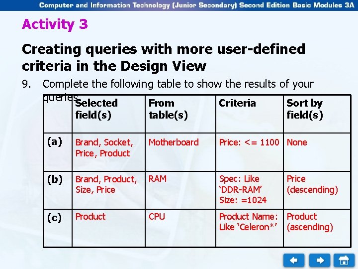 Activity 3 Creating queries with more user-defined criteria in the Design View 9. Complete