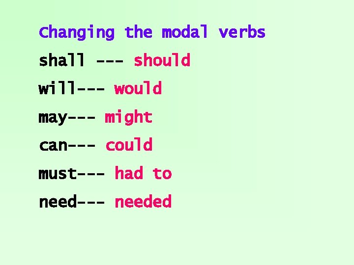 Changing the modal verbs shall --- should will--- would may--- might can--- could must---