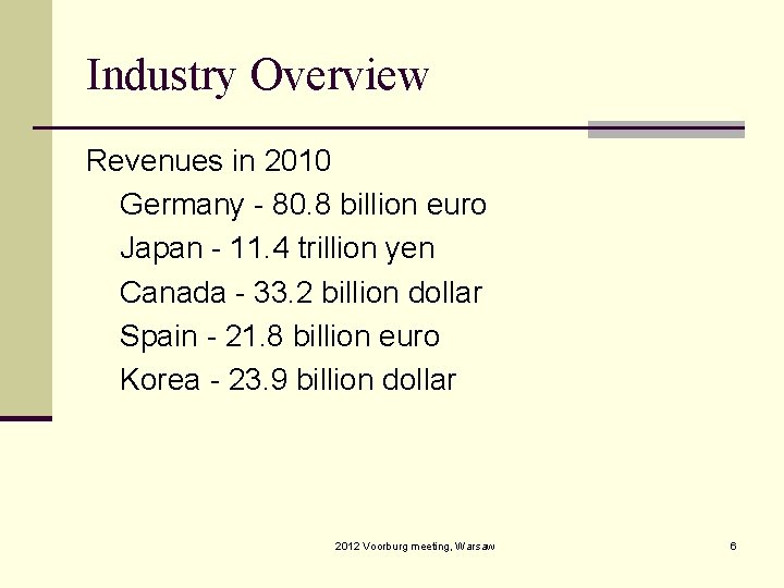 Industry Overview Revenues in 2010 Germany - 80. 8 billion euro Japan - 11.