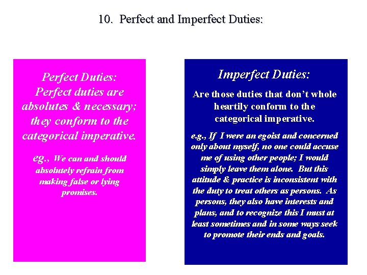 10. Perfect and Imperfect Duties: Perfect Duties: Perfect duties are absolutes & necessary; they
