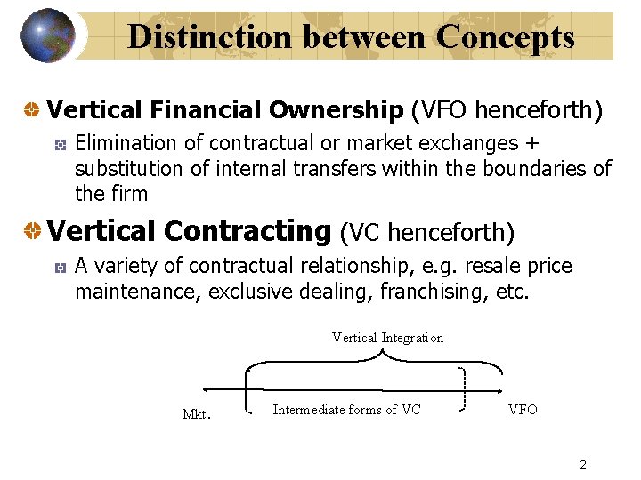 Distinction between Concepts Vertical Financial Ownership (VFO henceforth) Elimination of contractual or market exchanges