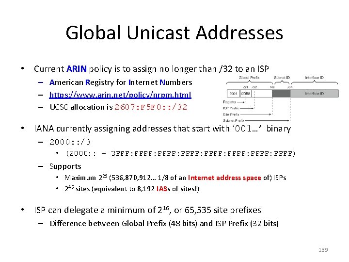 Global Unicast Addresses • Current ARIN policy is to assign no longer than /32