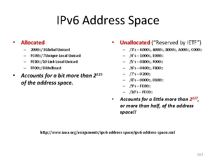 IPv 6 Address Space • Allocated – – • Unallocated (“Reserved by IETF”) 2000: