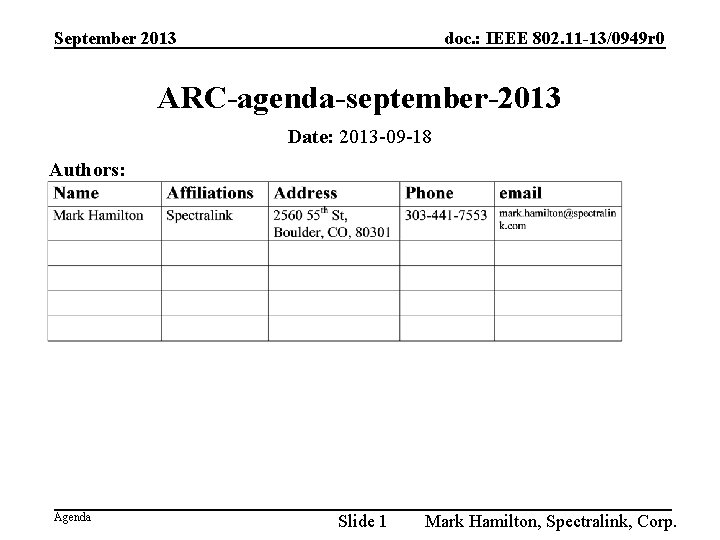 September 2013 doc. : IEEE 802. 11 -13/0949 r 0 ARC-agenda-september-2013 Date: 2013 -09