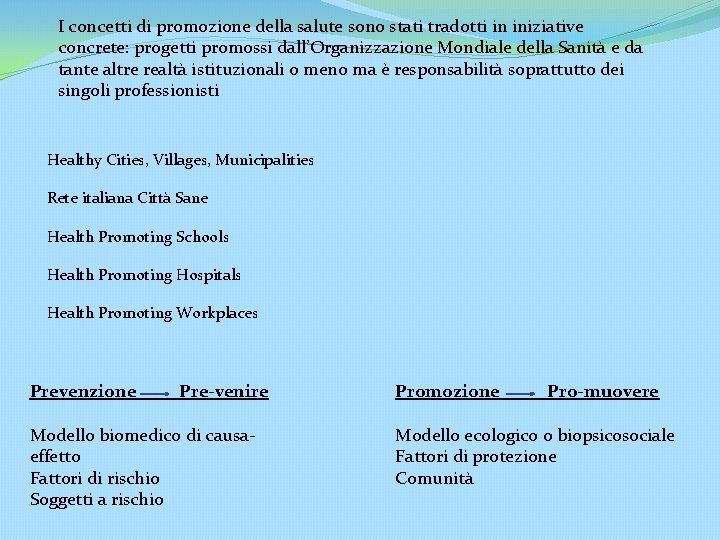 I concetti di promozione della salute sono stati tradotti in iniziative concrete: progetti promossi