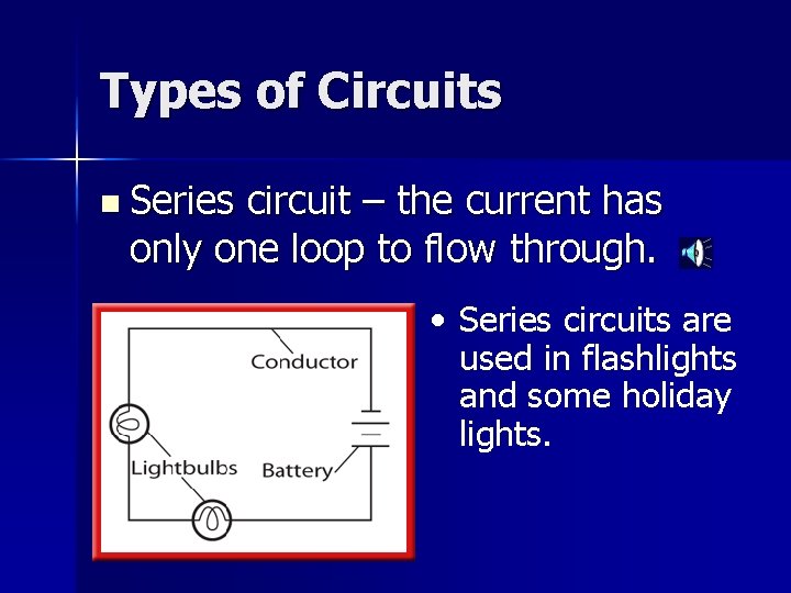 Types of Circuits n Series circuit – the current has only one loop to