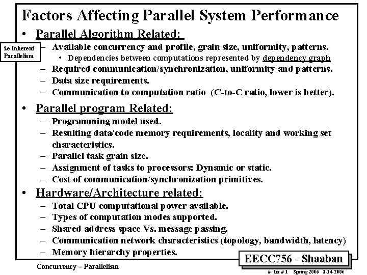 Factors Affecting Parallel System Performance • Parallel Algorithm Related: i. e Inherent Parallelism –