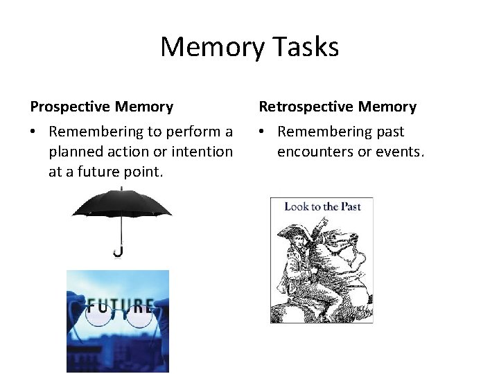 Memory Tasks Prospective Memory Retrospective Memory • Remembering to perform a planned action or