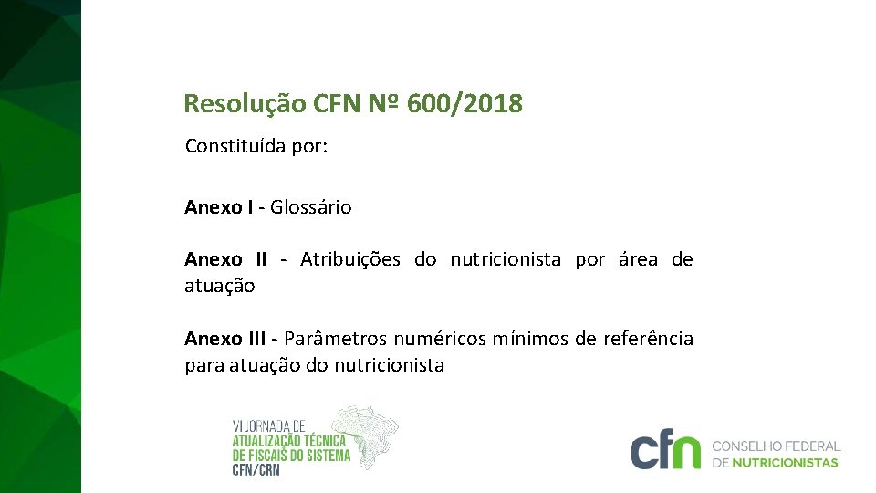 Resolução CFN Nº 600/2018 Constituída por: Anexo I - Glossário Anexo II - Atribuições