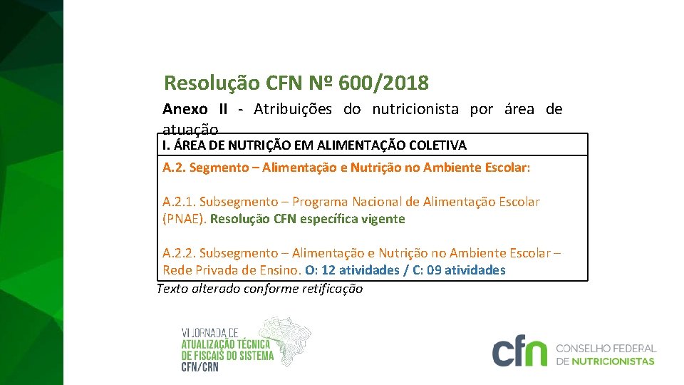Resolução CFN Nº 600/2018 Anexo II - Atribuições do nutricionista por área de atuação