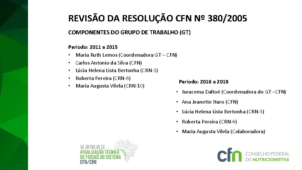 REVISÃO DA RESOLUÇÃO CFN Nº 380/2005 COMPONENTES DO GRUPO DE TRABALHO (GT) Período: 2011